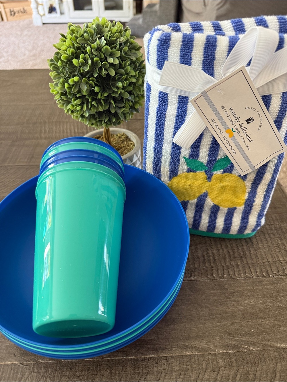 Wendy Bellissimo Set of 2 Hand Towels and  6 Picnic Bowls & 6 Tumblers -All New